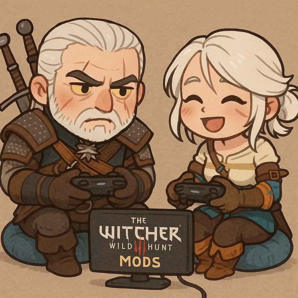 Witcher 3のゲラルトとシリがMODで強化されたゲームを仲良くプレイしているイラスト