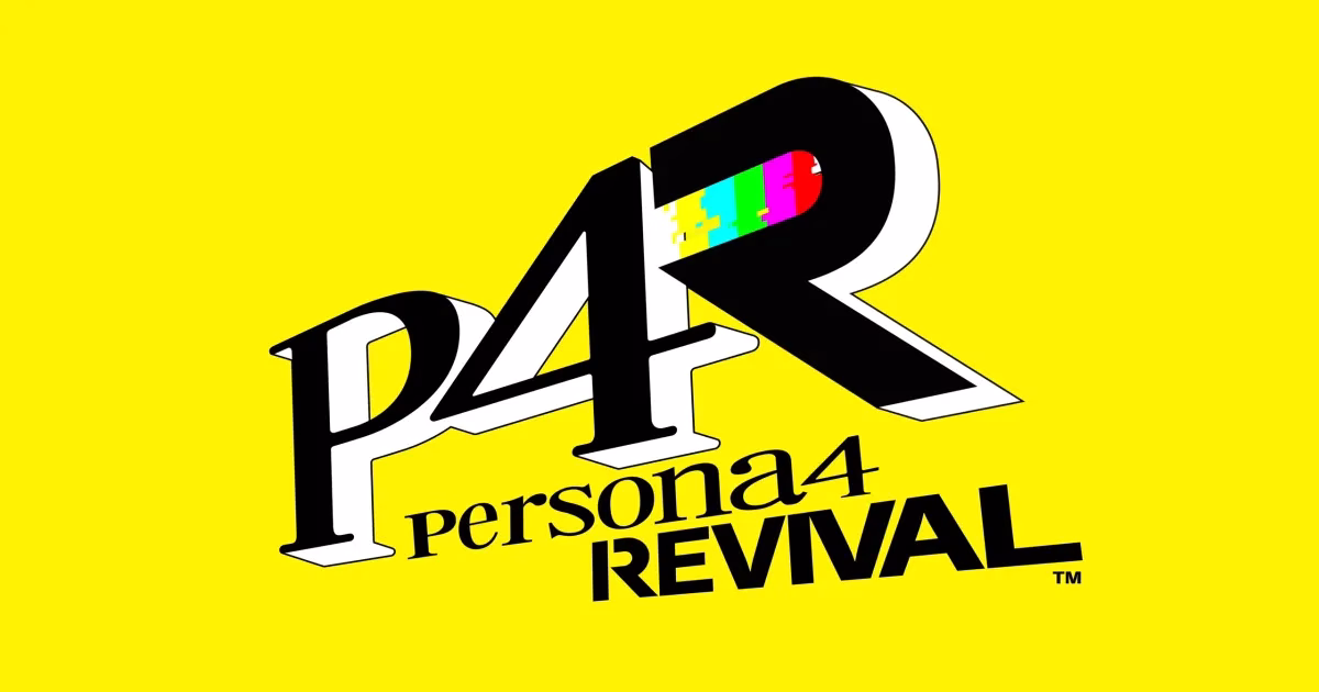 「Persona 4 Revival」のロゴ。黄色背景に大きく「P4R」と書かれ、「R」部分にはカラフルなノイズ風の演出が施されている。