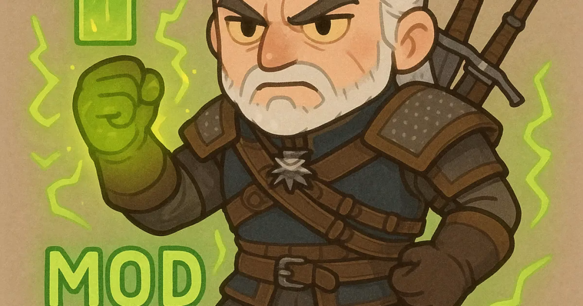 Witcher 3の主人公ゲラルトの可愛いイラストとMODを示すテキストが描かれた2025年最新版のOGP画像